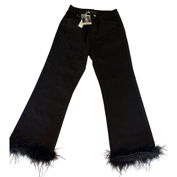 Luxe Dress Black Jeans with Feather Hem, Size S NEW WITH TAGS - Picture 1 of 4